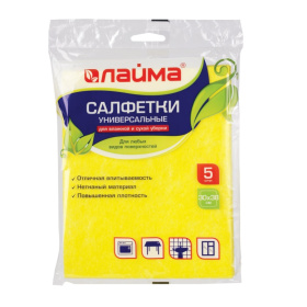 картинка салфетки универсальные, 30х38 см, комплект 5 шт., 90 г/м2, вискоза (ипп), желтые, лайма Салфетки универсальные, 30х38 см, комплект 5 шт., 90 г/м2, вискоза (ИПП), желтые, ЛАЙМА
