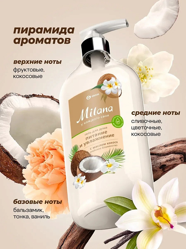 Гель для душа Grass Milana с маслом кокоса, 750 мл